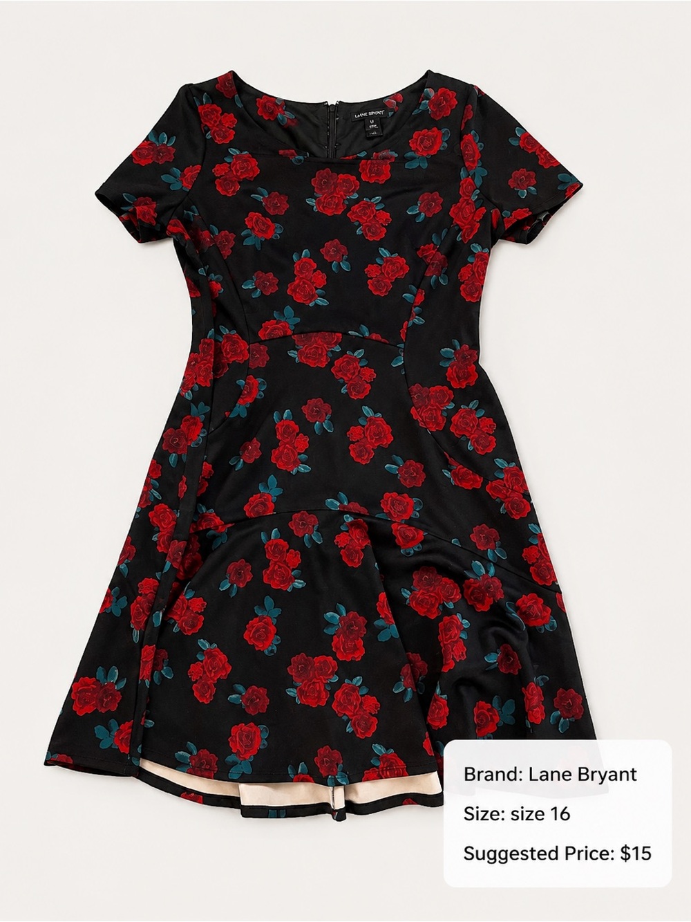 Lane Bryant Black Dress with Red Rose Print